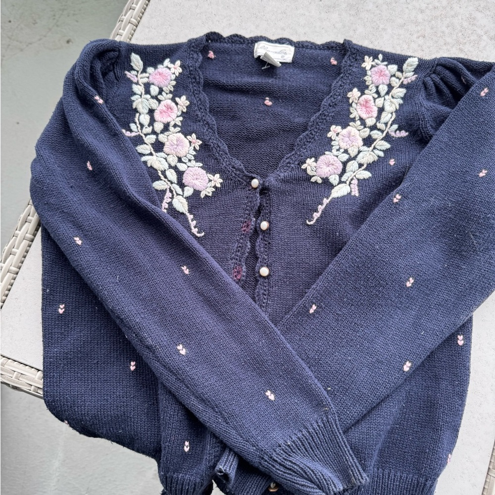 Margules Navy Floral Embroidered BalloonSleeve Pearl Button Cardigan